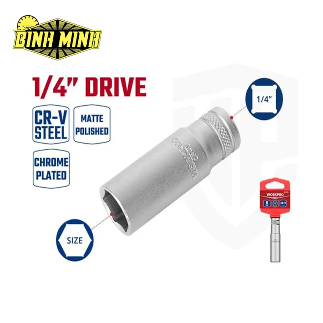 Đầu tuýp dài Workpro WP274021 | Size 13mm | Chuôi vuông 1/4 inch | Đầu lục giác 6 cạnh | Thép CR-V