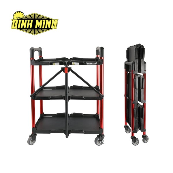 Kệ 3 tầng có bánh xe, bằng kim loại, có thể gấp gọn, dùng đựng dụng cụ Workpro - WP285026